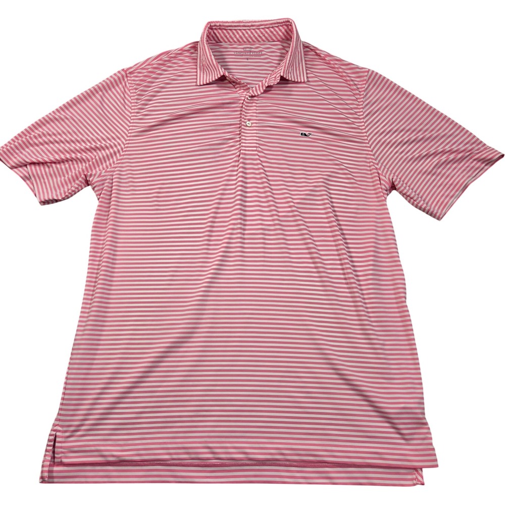 Vineyard Vines Polo Shirt Mens Large Pink White Performance Striped Sankaty
